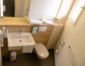 布拉尼亚克钟楼图卢兹布拉纳克机场酒店的一间带水槽和卫生间的小浴室