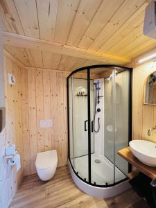 LedeackerMagnolia Hoeve - overnachten in de natuur op een paarden resort的一间带玻璃淋浴和卫生间的浴室