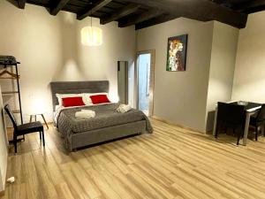 福萨诺LE TORRI Loft Apartment的一间卧室配有一张带红色枕头的床和一张桌子