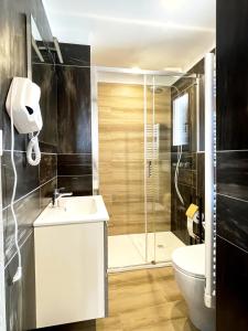 福萨诺LE TORRI Loft Apartment的带淋浴、盥洗盆和卫生间的浴室