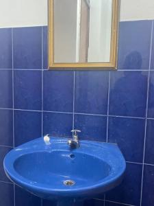 RéunionModern guesthouse的浴室里设有蓝色水槽和镜子