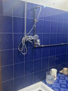 RéunionModern guesthouse的蓝色瓷砖浴室配有淋浴和浴缸。