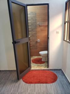 洛美Fafape的一间带卫生间和红色地毯的浴室