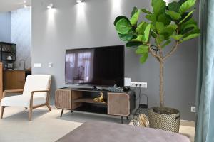 索瓦塔H49 Jacuzzi Penthouse-Adults only的一间带电视和树的客厅