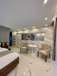 埃维昂莱班Evian appartement confort Vue lac et parking privé的酒店客房带一张床、一张桌子和椅子
