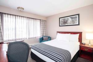 特勒斯Sandman Hotel Terrace的配有一张床和一把椅子的酒店客房