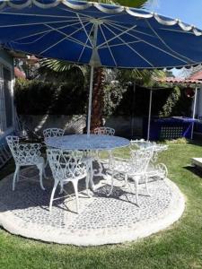 瓦兹特佩克Casa en Oaxtepec的草上带雨伞的桌椅