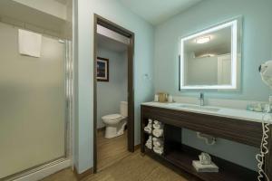 马尼温泉Quality Inn & Suites Manitou Springs at Pikes Peak的一间带水槽、卫生间和镜子的浴室