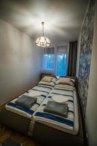 索尔沃什Főtér Apartman的卧室内的一张床位,配有吊灯