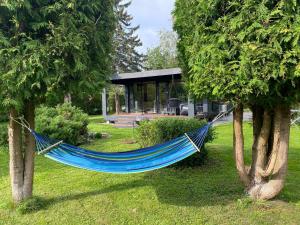 PringiA tiny house with a garden and a hot tube的两棵树之间在院子里挂着蓝色的吊床