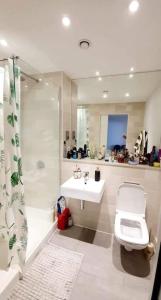 伯恩茅斯Luxury 1 bed apartment-sea view的带淋浴、卫生间和盥洗盆的浴室