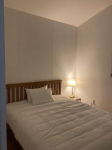 济州市Bibidoongdoong的卧室配有一张带灯的白色大床