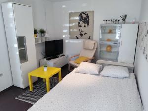 萨格勒布Zagreb Creative Apartments APP 2的小房间设有床铺和电视