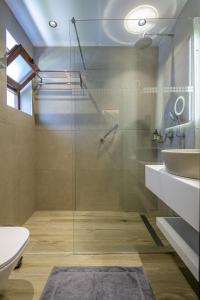 科斯镇盖亚花园酒店的一间带玻璃淋浴和水槽的浴室