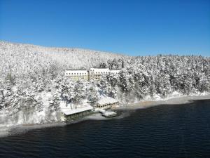 阿邦特比于克艾邦特酒店的享有度假胜地的空中景致,那里有雪覆盖的树木和水
