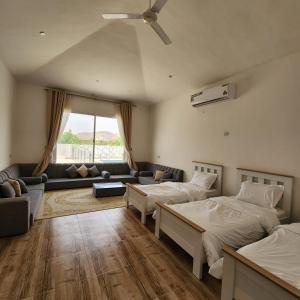 DawwahWadi Bani Khalid - Al Joud Green Hostel的一间带两张床和一张沙发的客厅