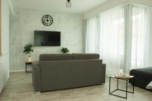 米库洛夫Apartmán X28的客厅配有沙发和墙上的时钟