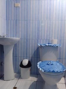 库斯科Incas Town Inn的蓝色和白色的浴室设有卫生间和水槽