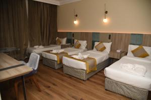 麦地那Roya Al Andalus Hotel的酒店客房设有三张床和一张桌子