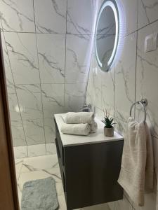 BologaLittle House Bologa的浴室设有镜子、水槽和毛巾