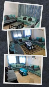 拉马萨Palmeraies vacances Tunis的客厅的三张照片,客厅配有沙发和桌子