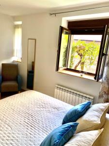 阿雷纳斯德圣佩德罗Edulis 1的一间卧室配有一张带蓝色枕头的床和一扇窗户。