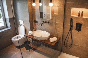 巴特特尔茨Gasthof Zantl的浴室配有盥洗盆、淋浴和卫生间