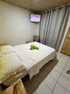 戈尔菲托Cabinas Golfito的一间卧室配有一张带绿毛巾的床