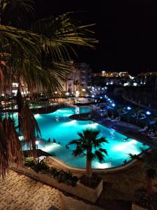 莫纳斯提尔Super appartement avec 5 piscines en résidence的棕榈树的夜间大型游泳池