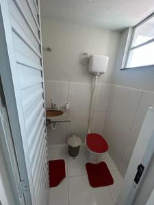 大伊瓜巴Casa iguaba com área de lazer的一间带红色卫生间和水槽的浴室