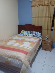 廷戈玛丽亚CASA DE CAMPO EL AMAZONICO的一间卧室配有一张床和一个带床罩的床头柜。