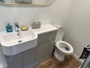 格拉斯顿伯里Glastonbury Vista的白色的浴室设有水槽和卫生间。