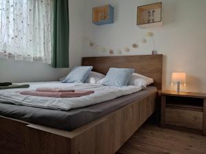赞考Kenderhordó Pihenőház的一间卧室配有一张大床和木制床头板