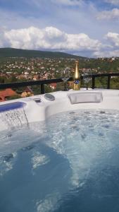 佩奇Mythos Private Resort的热水浴池配有酒杯和一瓶葡萄酒