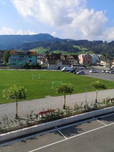 阿彭策尔Ferienzimmer Appenzell的一座拥有树木和足球场的停车场