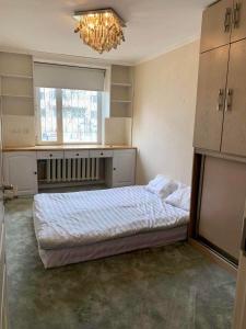 乌兰巴托Two-Bedroom Apartment的一间卧室配有一张床和一个吊灯