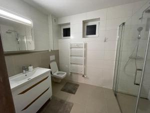 科希策Apartmán Košice的浴室配有卫生间、盥洗盆和淋浴。