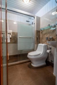 大吉岭小西藏酒店的浴室配有白色卫生间和盥洗盆。