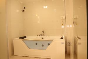 加德满都Hotel Elegant Kathmandu Inn的带淋浴的浴室配有白色浴缸。