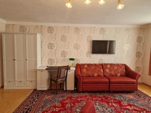 不莱梅不来梅加尼豪斯酒店的客厅配有红色沙发和电视