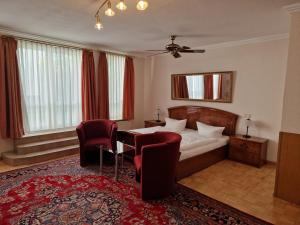 不莱梅不来梅加尼豪斯酒店的酒店客房带一张床、一张桌子和椅子