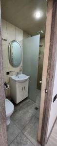 久姆里Tatents Toon Guesthouse的一间带卫生间、水槽和镜子的浴室