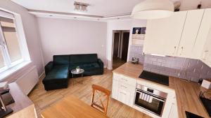 皮拉Apartament Młynarska的客厅设有绿色沙发,厨房设有绿色沙发