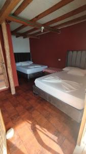 巴尔Cabañas Palos Locos的红色墙壁的客房内的两张床