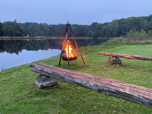 哈尔姆斯塔德Skedala horsefarm的湖旁长凳上挂篮子上的火