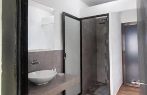 拉利伯塔德Lagarza Hostel的浴室配有白色水槽和淋浴。
