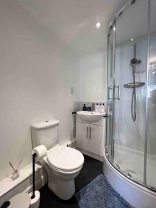 哈特菲尔德Beautiful Hatfield 2 Bedroom Apartment FREE Gated Parking - Modern Stylish - Business Park, Hertforshire University, St Albans, Welwyn Garden City, Luton Airport, Harry Potter Studio Tour的白色的浴室设有卫生间和淋浴。