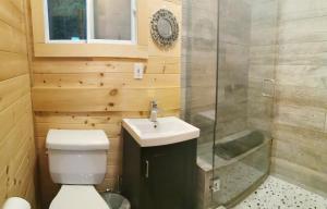 卡灵港马斯科卡海岸公寓的浴室配有卫生间、盥洗盆和淋浴。