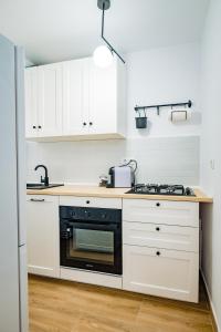 札勒乌Modern studio D-va N的厨房配有白色橱柜和黑炉灶烤箱。