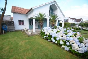 奥尔塔Casinha das Hortênsias的一座在房子前方的蓝色和白色花卉花园